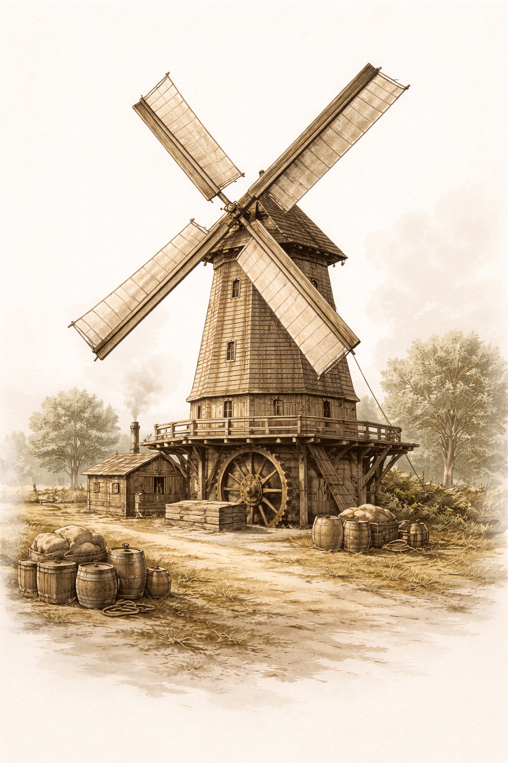 Windmill in sepia ink-and-wash style