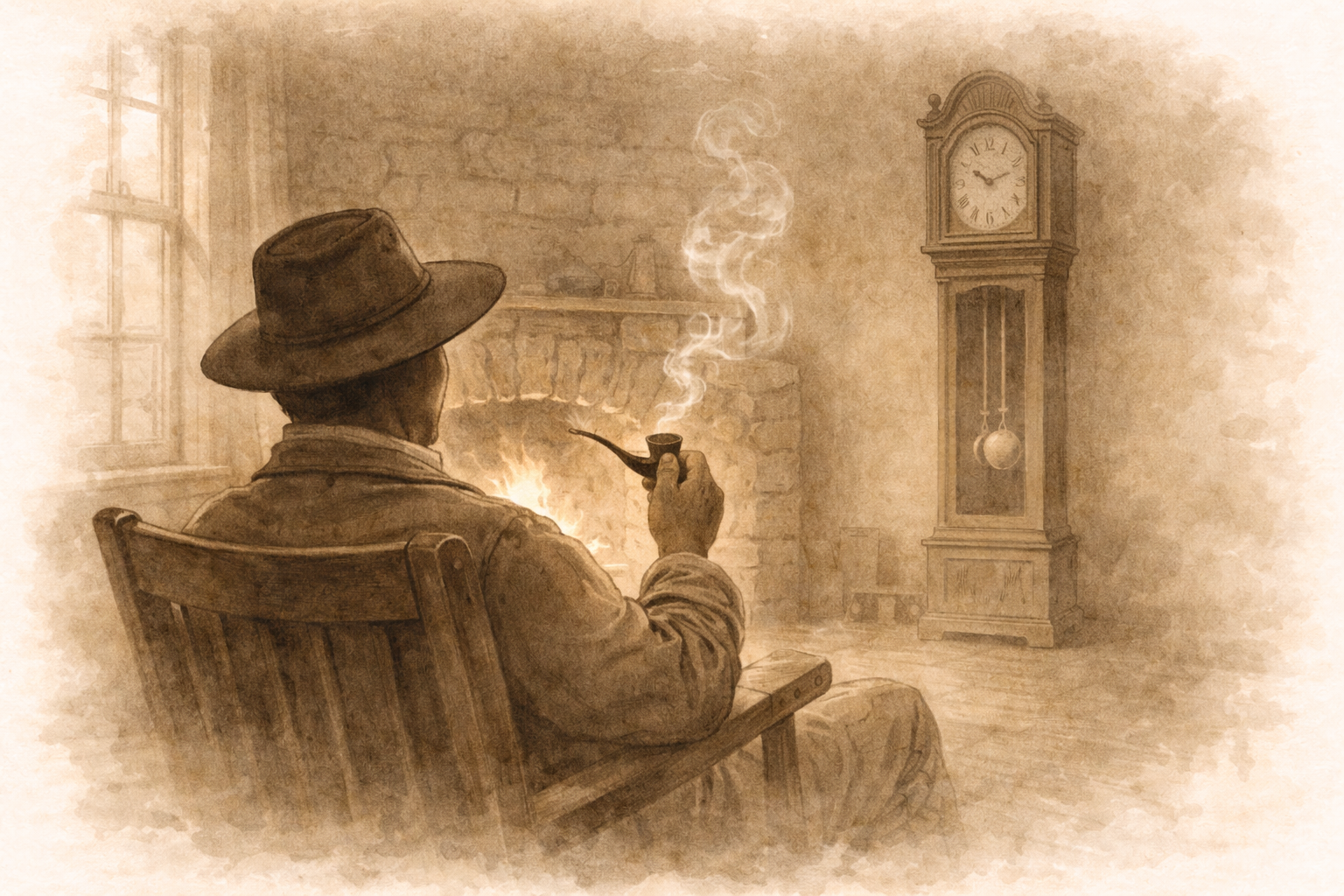 Pipe tobacco and pendulum clock in sepia ink-and-wash style