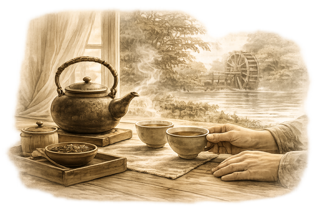 Teacup and waterwheel illustration